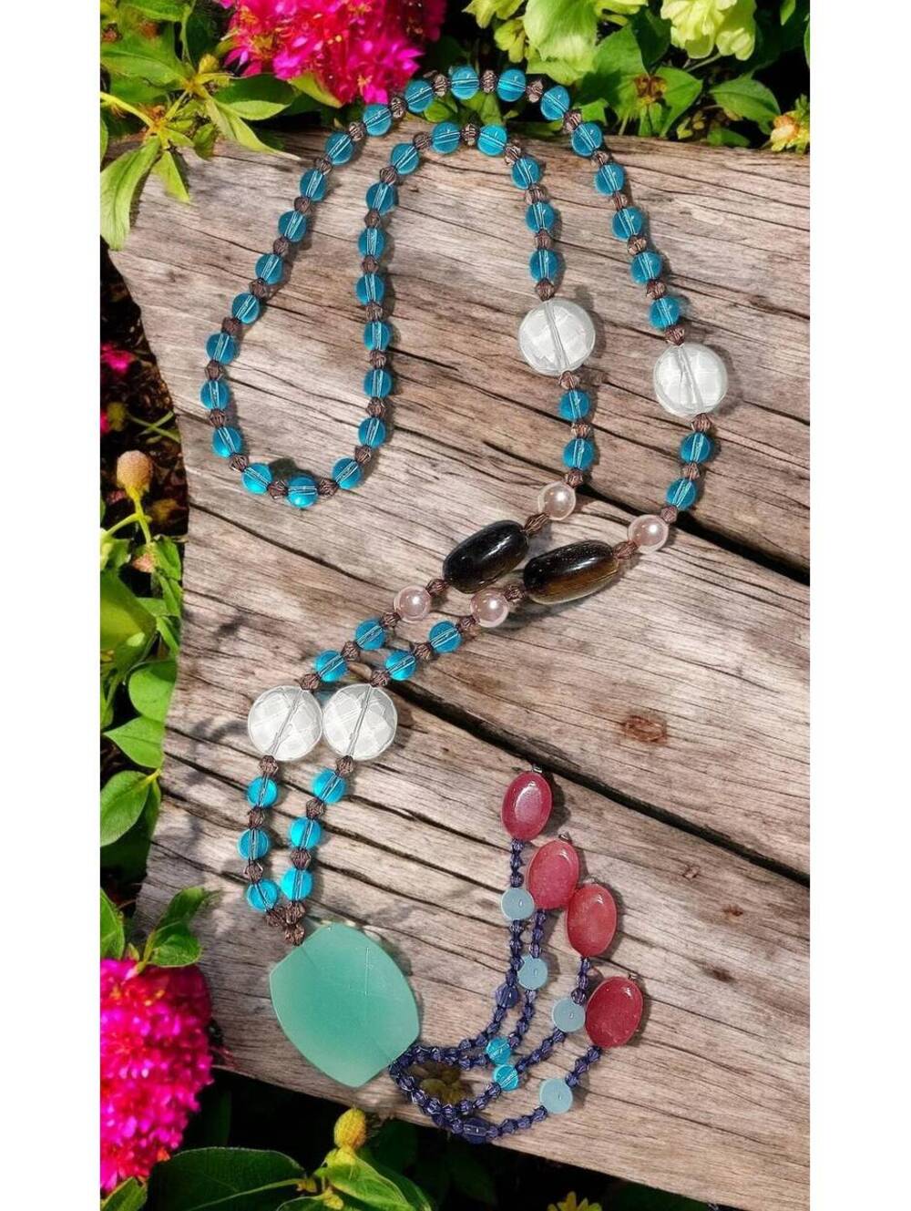 Multi-Color and Texture Statement Necklace with Focal Pendant and Beaded Tassels